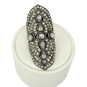 Rhinestone Full Finger Ring Sz 5 Silver Tone Formal Fancy Shimmering